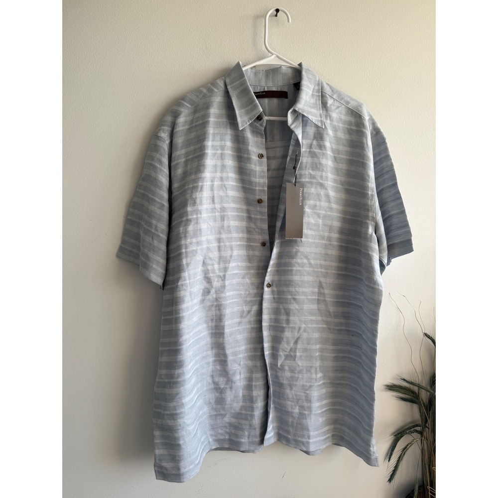Perry Ellis Mens XL Short Sleeve Linen Blend Striped Shirt Riverstone 47SW9029FL